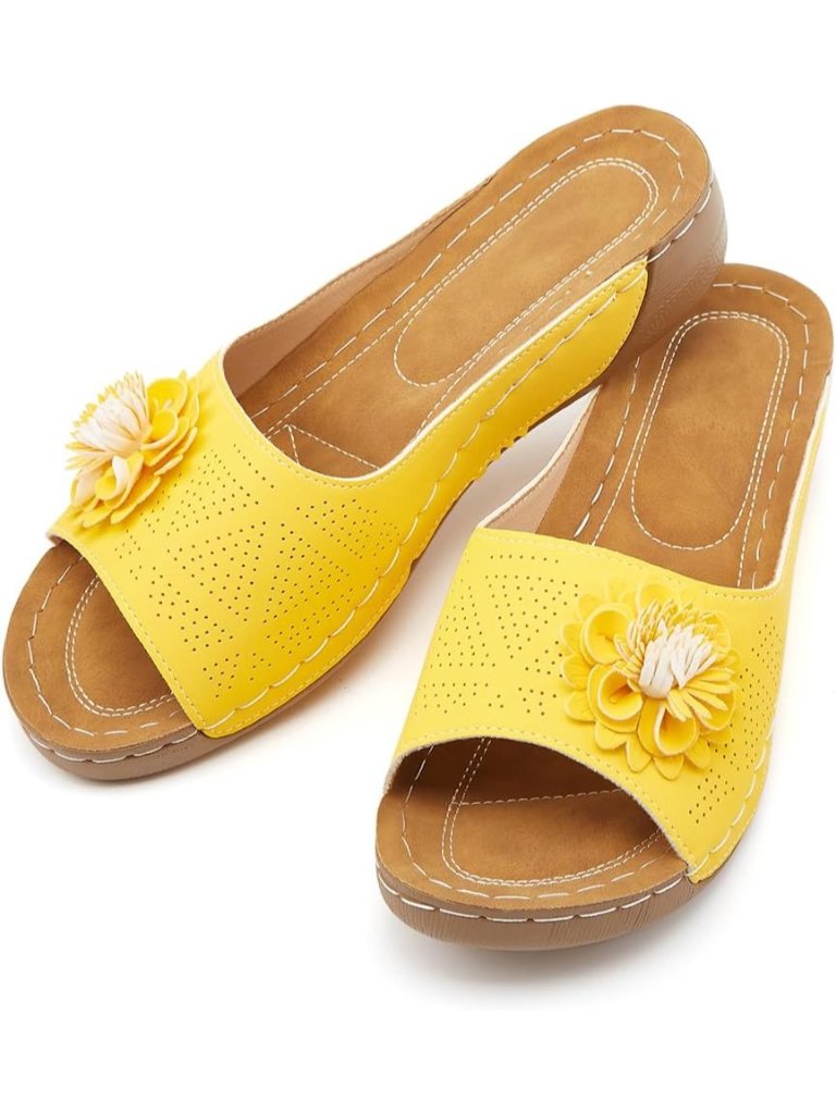 Women's Yellow Faux Leather Summer Wedge Low Open Toe Slide Dressy Flower Sandal